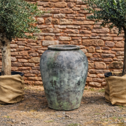 Weathered urn between olive trees